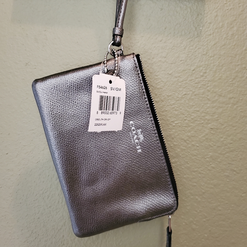 Coach Gunmetal Cross Grain Corner Zip Wrislet